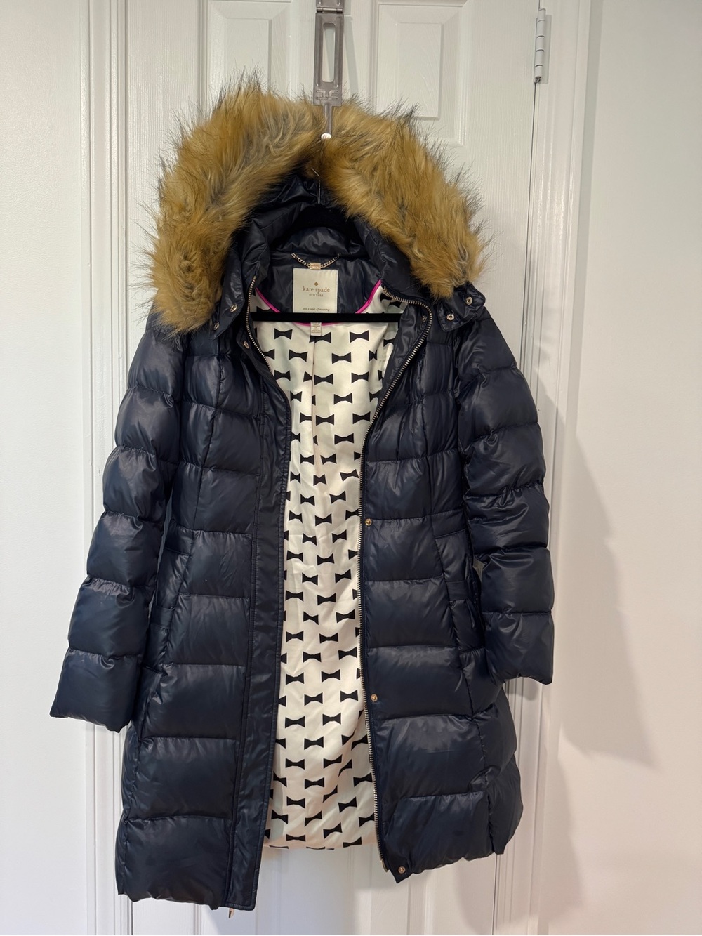 Kate Spade New York Navy Down Puffer Coat Faux Fur Hood - XS